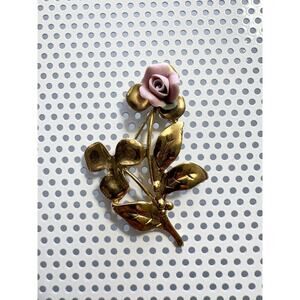 Vintage Porcelain Pink Rose Gold-Tone Floral Brooch